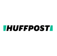 Huffpost logo (black text bookended by teal trapezoids)