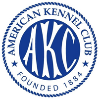 American Kennel Club (AKC) logo, white acronymn on blue circle with blue text circling and rope icon encircling that