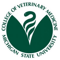 College of veterninary medicine Michigan State logo, Green text with green snake rising between what appear to be abtract green leaves from a plant all in a circle shape