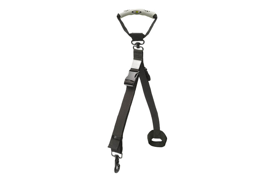 Black walking handle with light colored handle and buckles/clips to connect to a Help 'Em Up Harness